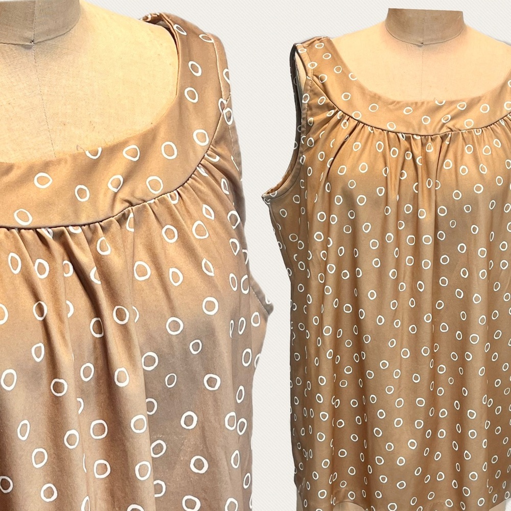 VINTAGE 70s 80s silky polyester tank‎ top polka dot circles sleeveless neutral